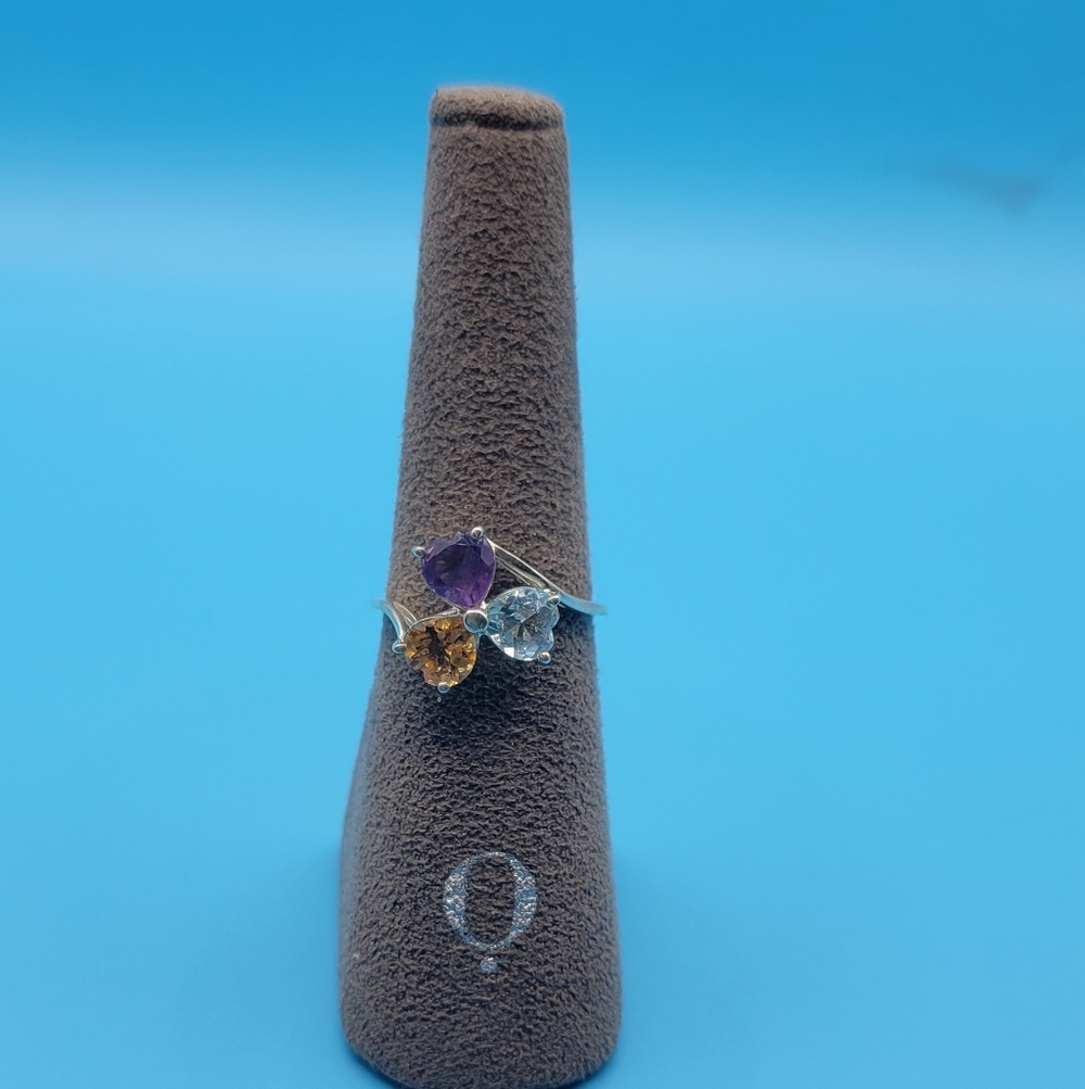 Vintage Sterling Silver STS 3 Gemstone Flower Heart Ring Size 8 - Picture 2 of 12